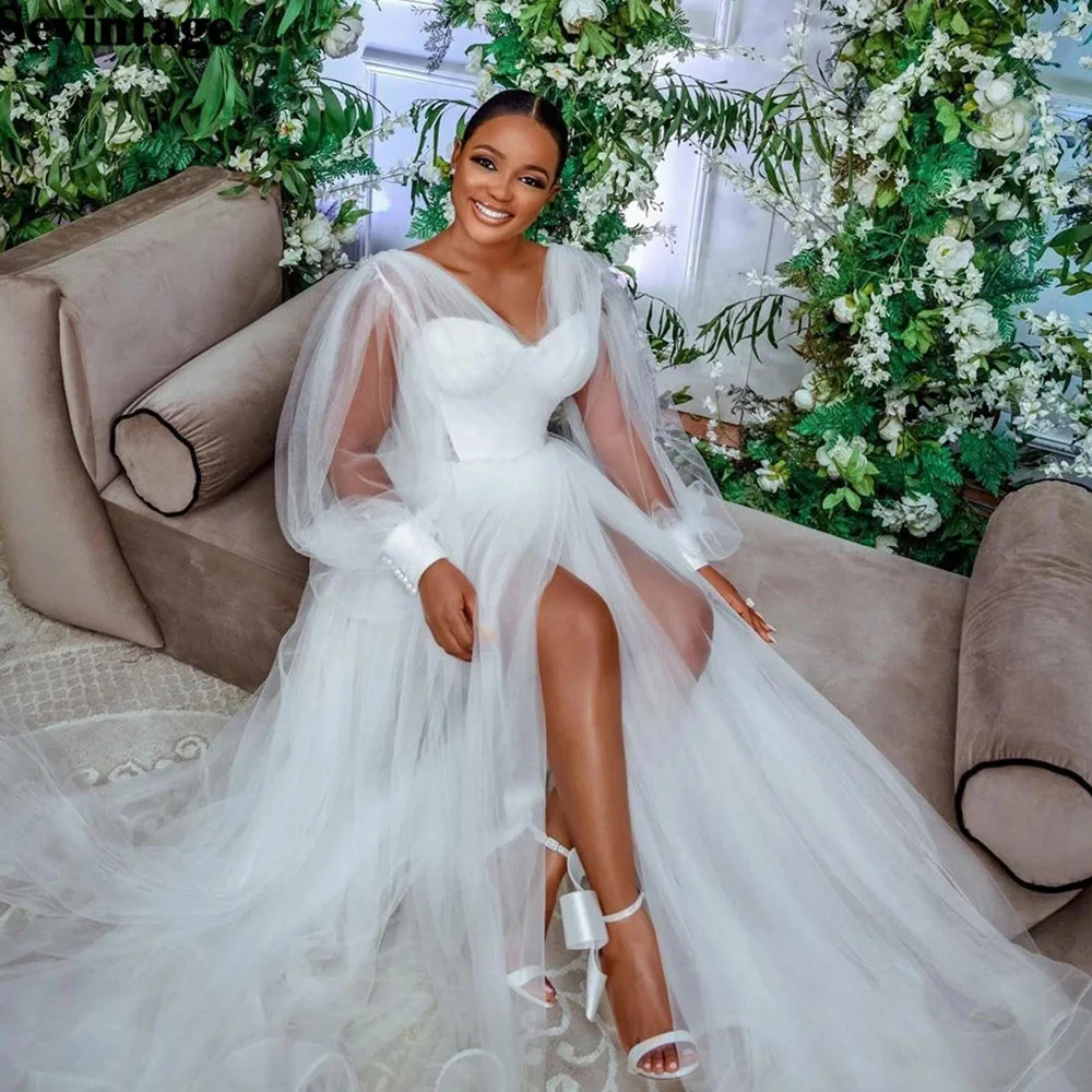 2021 New Long Puff Sleeves Wedding Dresses Sexy High Slit Bride Dress V-Neck Garden Country Beach Wedding Gowns Custom Made
2021 New Long Puff Sleeves Wedding Dresses Sexy High Slit Bride Dress V-Neck Garden Country Beach Wedding Gowns Custom Made