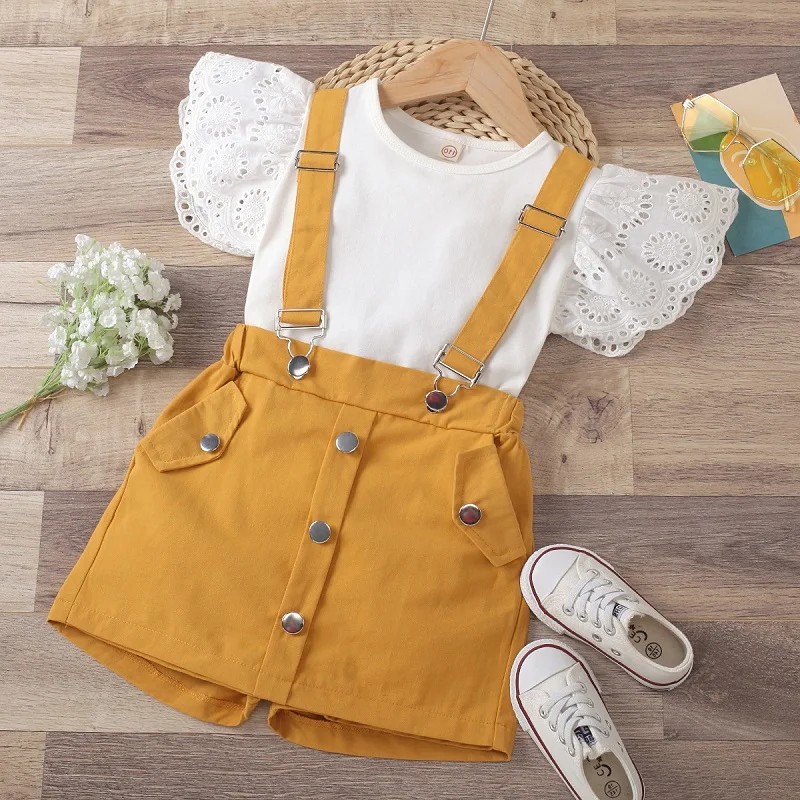 Children's clothing 2021 summer new small flying sleeve top T + suspender strap shorts Suit Girls' baby casual cotton suit
Children's clothing 2021 summer new small flying sleeve top T + suspender strap shorts Suit Girls' baby casual cotton suit