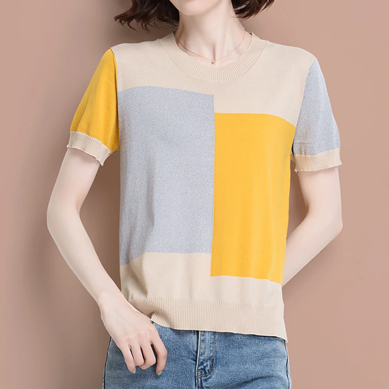 2021 Summer New Fashion Patchwork Knitted Top Short Sleeve O Neck Elastic T Shirts Female Vintage Women Tee Femme Camiseta Mujer
2021 Summer New Fashion Patchwork Knitted Top Short Sleeve O Neck Elastic T Shirts Female Vintage Women Tee Femme Camiseta Mujer