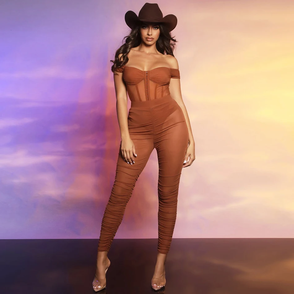 Sexy Brown Black Off Shoulder Patchwork Bodysuit 2021 New Summer Women's Mesh Pants 2-piece Set Fashion Celebrity Club Party Set
Sexy Brown Black Off Shoulder Patchwork Bodysuit 2021 New Summer Women's Mesh Pants 2-piece Set Fashion Celebrity Club Party Set