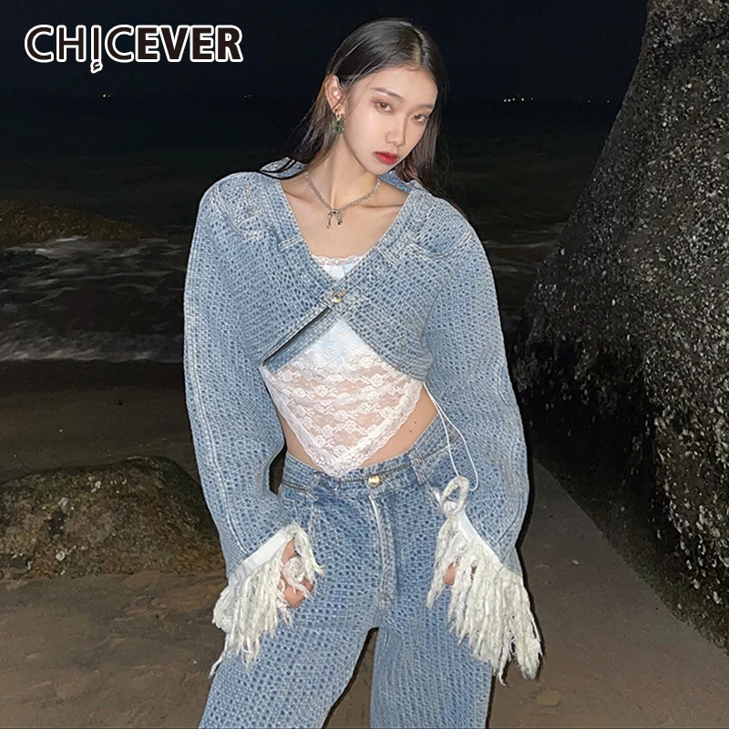 CHICEVER Sexy Blue Women's Suit V Neck Long Sleeve Patchwork Tassel Top High Waist Loose Baggy Jeans Casual Suits Female Stylish
CHICEVER Sexy Blue Women's Suit V Neck Long Sleeve Patchwork Tassel Top High Waist Loose Baggy Jeans Casual Suits Female Stylish