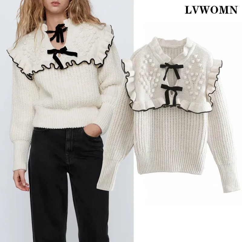 LVWOMN Loose Autumn Sweater Women Za 2021 Elegant Ruffle Bowknot Knitted Sweater Warm Female Pullovers Vintage Sweater Chic Top
LVWOMN Loose Autumn Sweater Women Za 2021 Elegant Ruffle Bowknot Knitted Sweater Warm Female Pullovers Vintage Sweater Chic Top