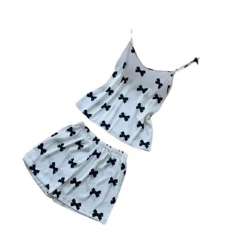 Satin 2PCS Pajamas Women Spaghetti Strap Top&Shorts Suit Printed Bow Sleepwear Home Clothes Rayon Summer Thin Loungewear
Satin 2PCS Pajamas Women Spaghetti Strap Top&Shorts Suit Printed Bow Sleepwear Home Clothes Rayon Summer Thin Loungewear