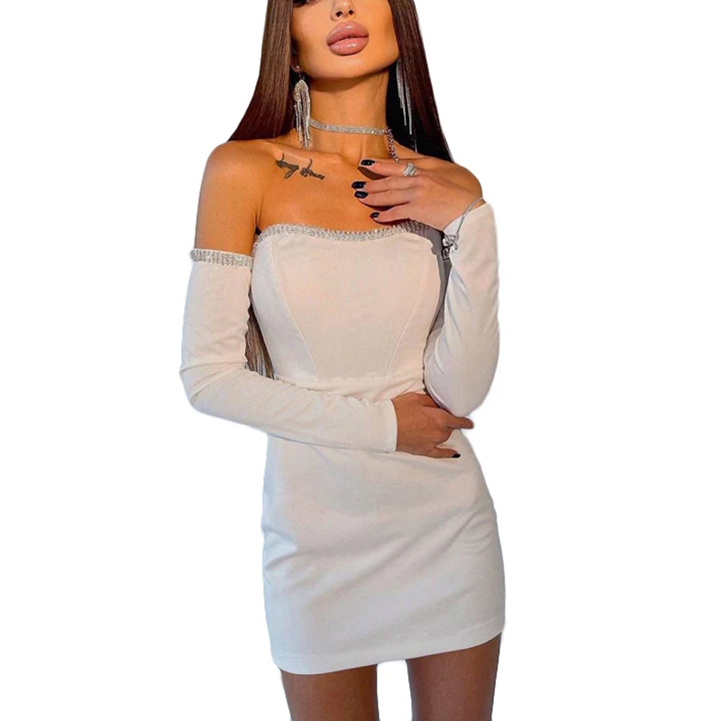 Women Rhinestone Sheath Dress, Adults Sexy Off-the-shoulder Solid Color Long Sleeve Boat Neck Dresses,Black/White/Red
Women Rhinestone Sheath Dress, Adults Sexy Off-the-shoulder Solid Color Long Sleeve Boat Neck Dresses,Black/White/Red