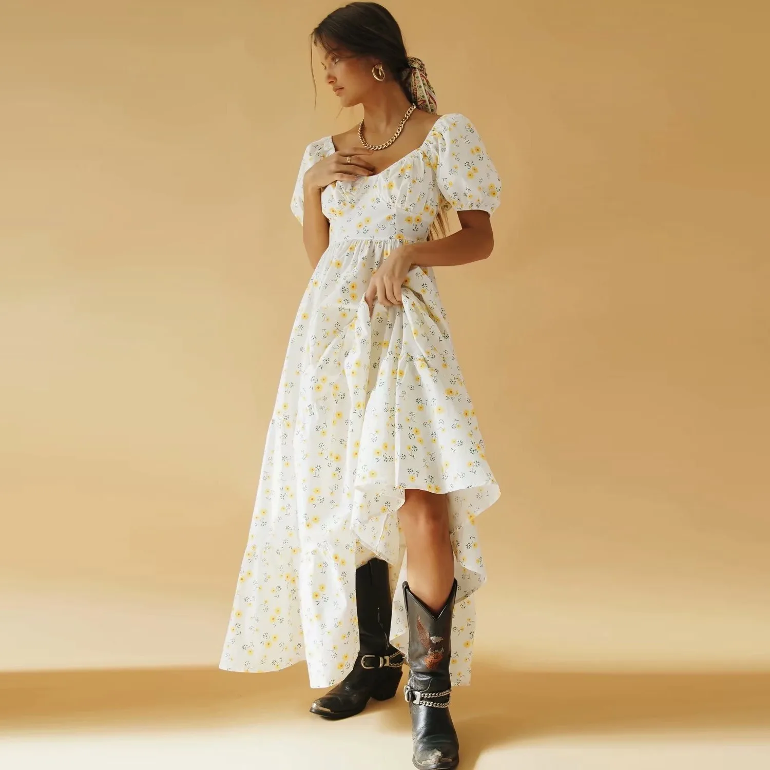 Floral Print Long Dress Elegant V-neck Puff Short Sleeve Back Cross A-line Dress Vintage Sheath Princess Dress Party Girl Summer
Floral Print Long Dress Elegant V-neck Puff Short Sleeve Back Cross A-line Dress Vintage Sheath Princess Dress Party Girl Summer