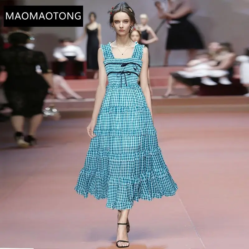2021 Summer Runway Spaghetti Strap Dress Women's Elasticity Slim A-Line Vacation Elegant Blue Plaid Printed Midi Dress
2021 Summer Runway Spaghetti Strap Dress Women's Elasticity Slim A-Line Vacation Elegant Blue Plaid Printed Midi Dress
