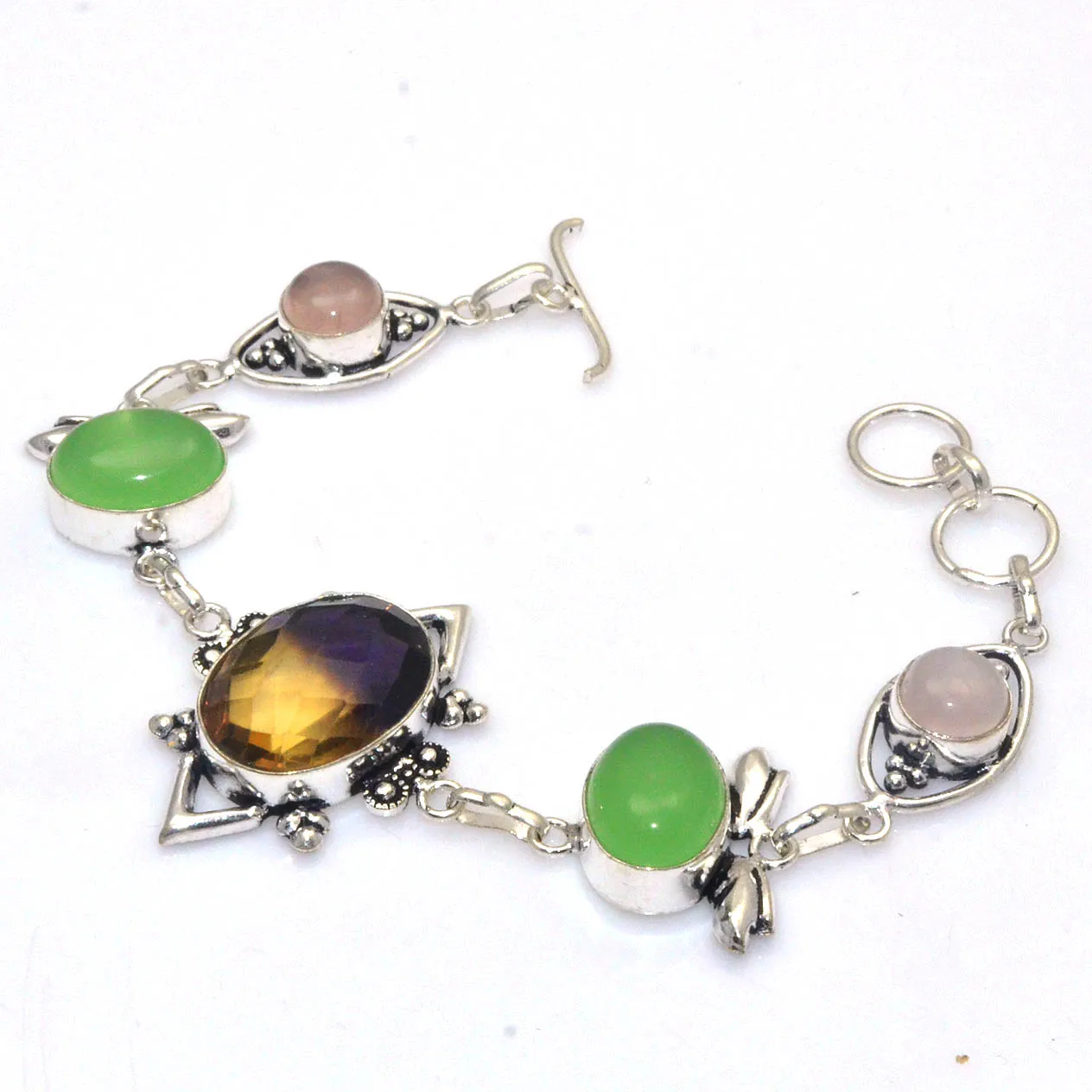 Genuine Ametrine + Rose Quartz + Prehnite Bracelet Silvers Overlay over Copper , women Jewelry gift 21 cm, B4264
Genuine Ametrine + Rose Quartz + Prehnite Bracelet Silvers Overlay over Copper , women Jewelry gift 21 cm, B4264