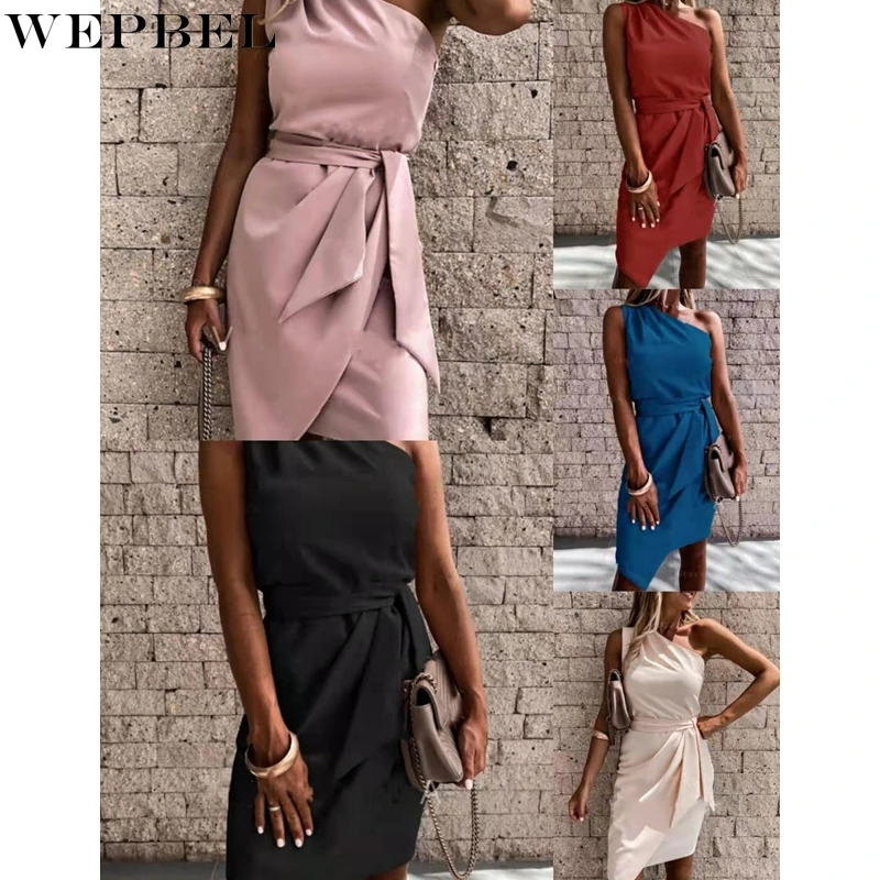 

WEPBEL Dress Women's Sexy Solid Color Slim Fit Tied Sleeveless Dress Summer Fashion Slash Neck High Waist Slit Irregular Dress