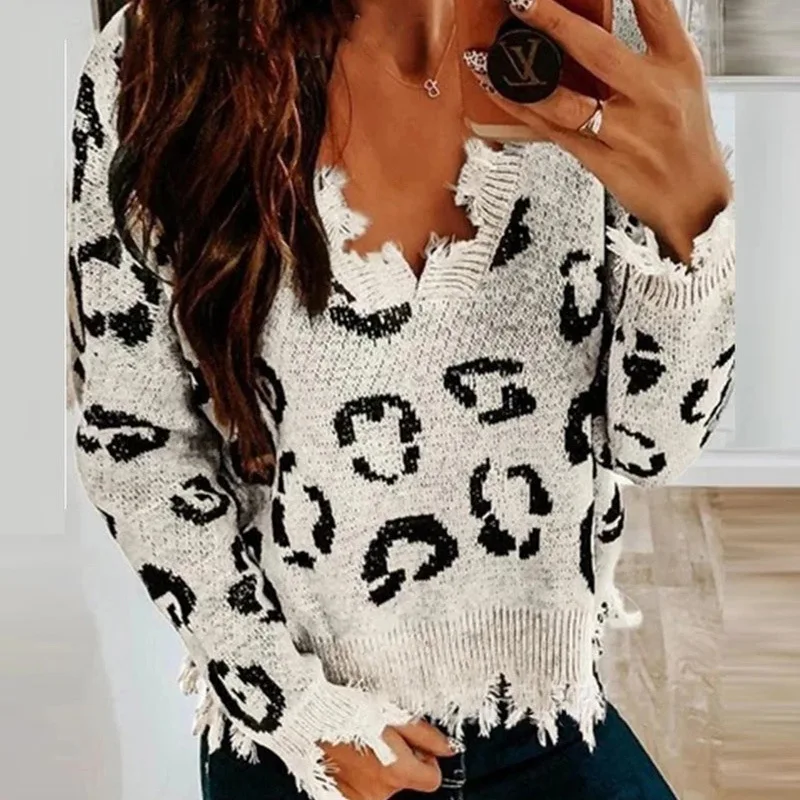 Woman Leopard Print Sweaters Sexy V-Neck Knitted Pullovers Distressed Ladies Fashion White Color Sweaters Autumn Winter
Woman Leopard Print Sweaters Sexy V-Neck Knitted Pullovers Distressed Ladies Fashion White Color Sweaters Autumn Winter