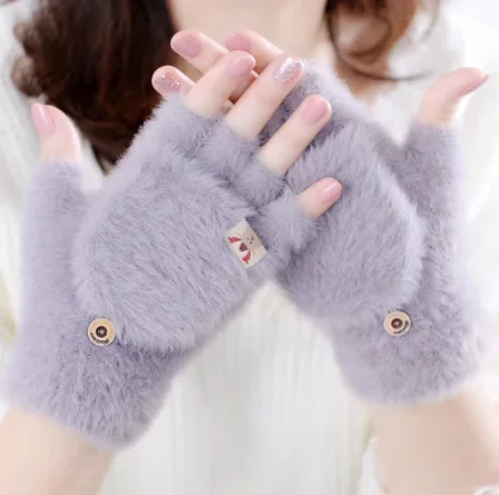 

Зимние женские перчатки, теплые милые симпатичные перчатки без пальцев для сенсорного экрана, уличные теплые вязаные бархатные перчатки с ...