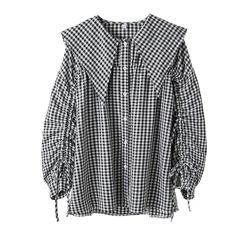 2021 spring women's Korean version of Hong Kong style niche plaid top pleated sleeve shirt 
2021 spring women's Korean version of Hong Kong style niche plaid top pleated sleeve shirt