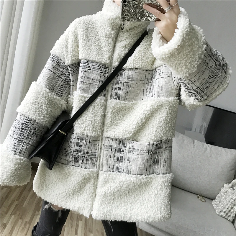 EWQ / 2019 New Fashion Autumn Winter Lapel Stitched Lamb Coat Men Beige High Street Loose Casual Tide Korean Male 9A351 |