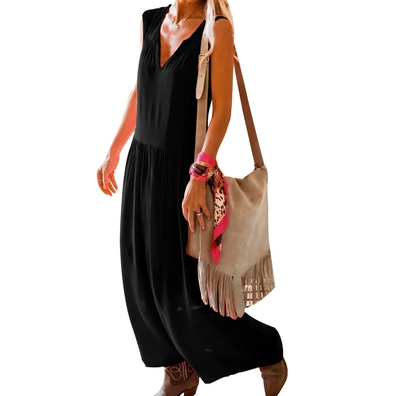 2021 Women's New Red Solid Color V-neck Loose Cotton and Linen Sleeveless Dress