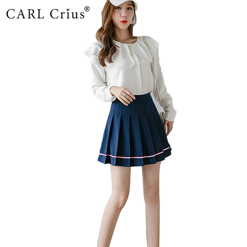 

CARL Crius Fashion Japan Style Summer Women Skirts 2021 Cute Striped Empire Wiast Pleated Skirts Women Dance Mini Skirt Autumn