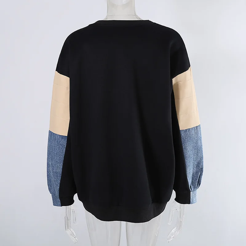 Autumn/Winter Personal Sweater High Quality Casual Loose Denim Stitching Round Neck Pullover Sweater Joker Sports BF Jacket Coat 
Autumn/Winter Personal Sweater High Quality Casual Loose Denim Stitching Round Neck Pullover Sweater Joker Sports BF Jacket Coat