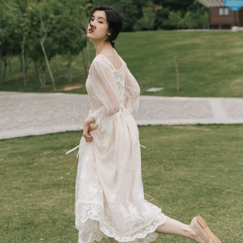 Summer French Romantic Fairy Long Mesh Dress Square Collar Bandage Flare Sleeve Dress Elegant Chic Floral Embroidery Lace Dress 
Summer French Romantic Fairy Long Mesh Dress Square Collar Bandage Flare Sleeve Dress Elegant Chic Floral Embroidery Lace Dress