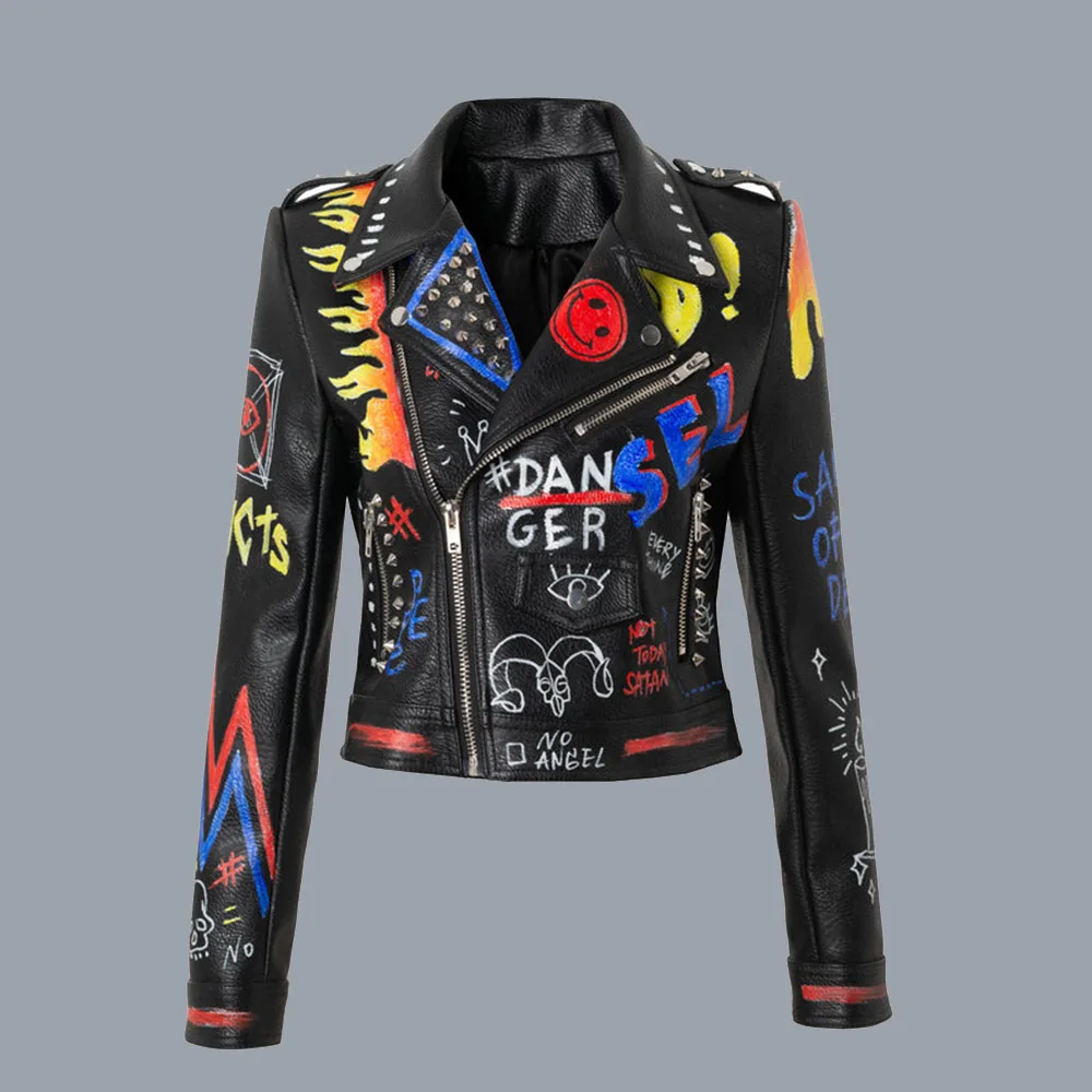 PU Leather Jacket Women Autumn Winter 2021 New Cool Punk Rivet Motorcycle Jackets Letter Graffiti Printed Outwear Zipper
PU Leather Jacket Women Autumn Winter 2021 New Cool Punk Rivet Motorcycle Jackets Letter Graffiti Printed Outwear Zipper