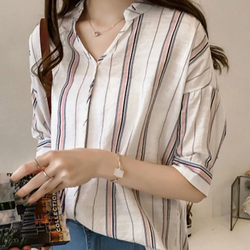 Shirts Women Korean Style 2020 New Summer Loose Leisure All-match Womens V-Neck Striped Short Sleeve Female Daily Comfortable
Shirts Women Korean Style 2020 New Summer Loose Leisure All-match Womens V-Neck Striped Short Sleeve Female Daily Comfortable