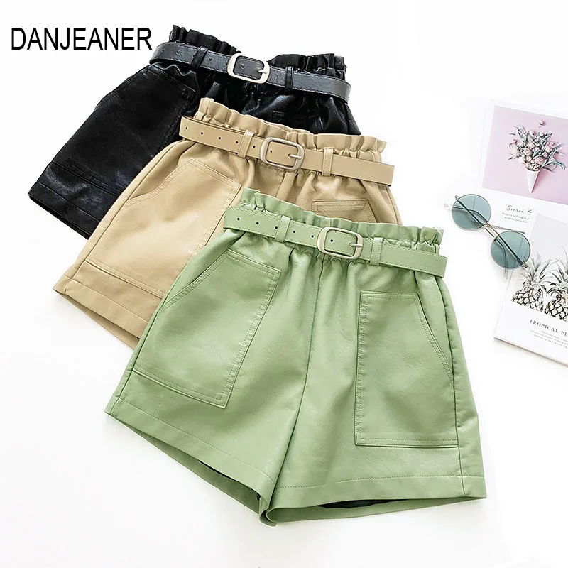 DANJEANER эластичные свободные шорты с высокой талией из искусственной кожи женские