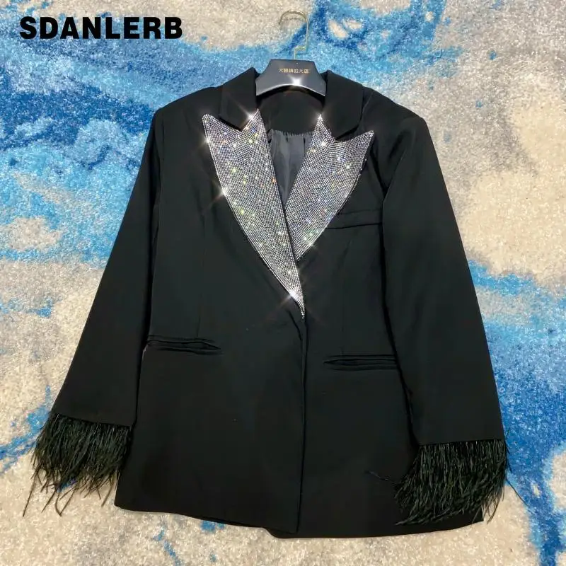 2021 Spring Autumn Black Women Blazer New Rhinestone Collar Fur Cuff Long Sleeve Suit Coat Fashion Office Lady Loose Jacket
2021 Spring Autumn Black Women Blazer New Rhinestone Collar Fur Cuff Long Sleeve Suit Coat Fashion Office Lady Loose Jacket