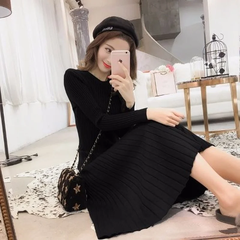 Solid Color Blue Black Knitted Dress Spring Autumn Slim A Line Korean Dresses Women Casual O Neck Long Sleeve Sweater Dress New
Solid Color Blue Black Knitted Dress Spring Autumn Slim A Line Korean Dresses Women Casual O Neck Long Sleeve Sweater Dress New