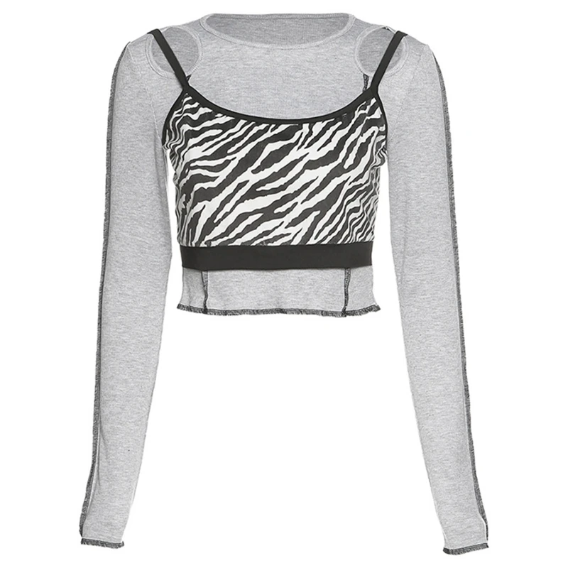 Women Fake 2Pcs Long Sleeve T-Shirt Zebra Striped Camisole Splicing Crop Top M5TE
Women Fake 2Pcs Long Sleeve T-Shirt Zebra Striped Camisole Splicing Crop Top M5TE