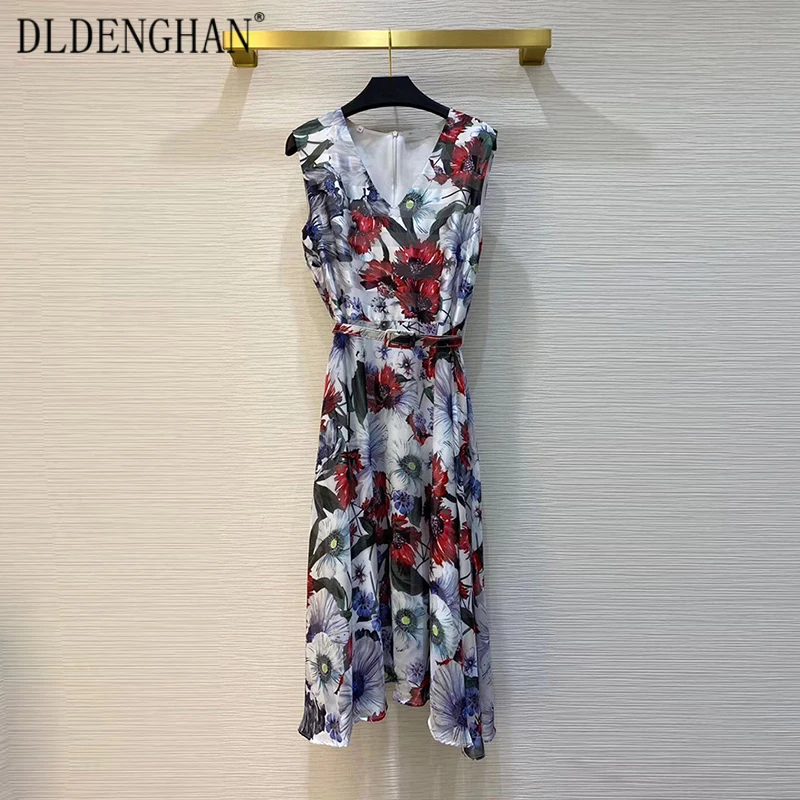 DLDENGHAN Vintage Flower Print Dress Women's Fashion Sashes V-Neck sleeveless Dresses Designer Summer New
DLDENGHAN Vintage Flower Print Dress Women's Fashion Sashes V-Neck sleeveless Dresses Designer Summer New