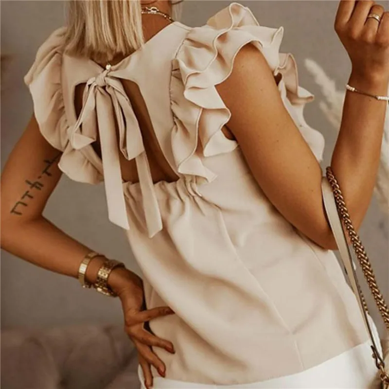 Ruffles Short Sleeve Backless Lace Up Women Blouse Solid O-neck Pleated Elegant Loose Ladies Blouses 2022 New Summer Casual Tops
Ruffles Short Sleeve Backless Lace Up Women Blouse Solid O-neck Pleated Elegant Loose Ladies Blouses 2022 New Summer Casual Tops