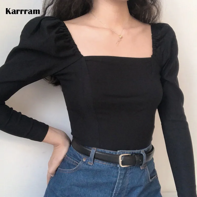 Karrram French Style Puff Sleeve Blouse Elegant Square Collar Ladies Black Shirts Autumn Solid Crop Tops Chiffon Blouse Party
Karrram French Style Puff Sleeve Blouse Elegant Square Collar Ladies Black Shirts Autumn Solid Crop Tops Chiffon Blouse Party