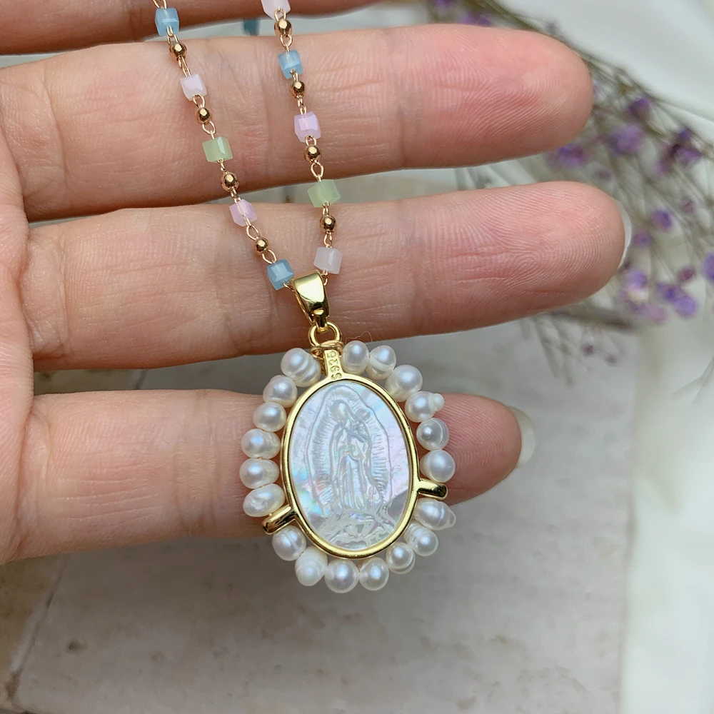 New Religiou Lady of Guadalupe Holy Virgin Necklace For Women 2021 Freshwater Pearl Stone MOP Shell Oval Medal Pendant Jewelry
New Religiou Lady of Guadalupe Holy Virgin Necklace For Women 2021 Freshwater Pearl Stone MOP Shell Oval Medal Pendant Jewelry