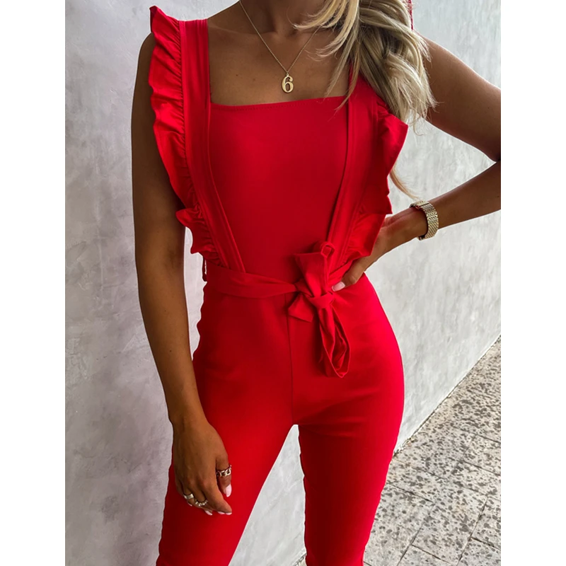 Women Jumpsuits Solid Color Ruffled Sleeve Back Zipper Belted Straps Romper Pants Ladies Female Fashion Casual Summmer Clothes
Women Jumpsuits Solid Color Ruffled Sleeve Back Zipper Belted Straps Romper Pants Ladies Female Fashion Casual Summmer Clothes