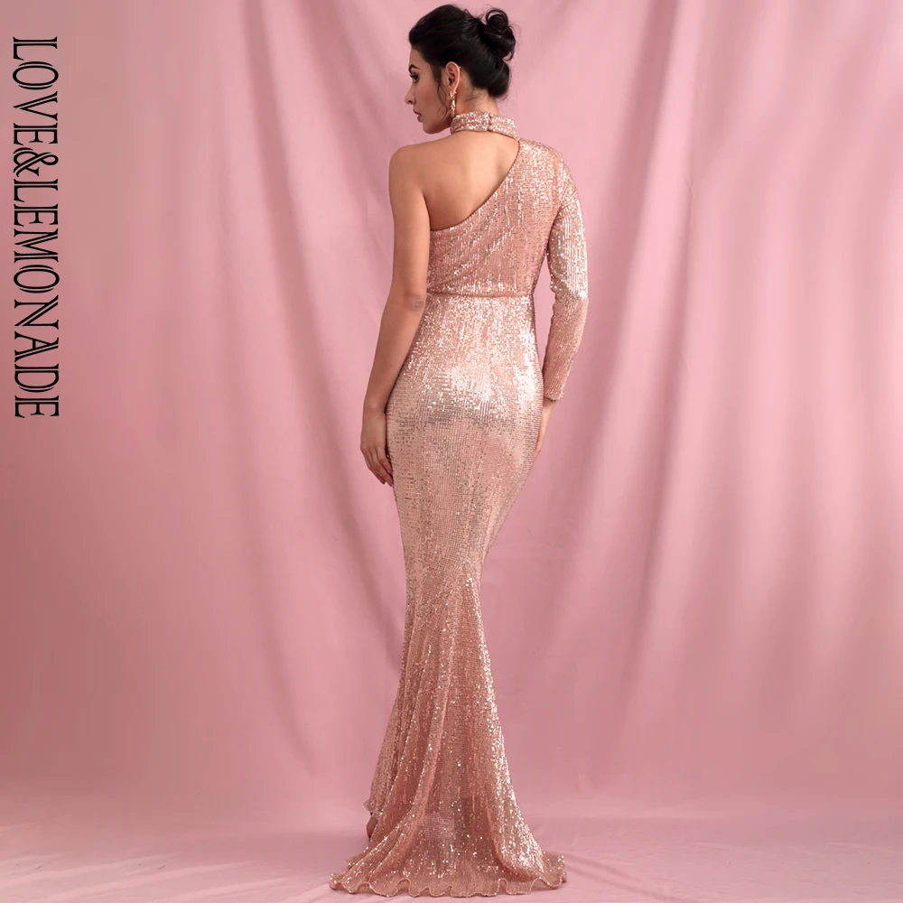 LOVE&LEMONADE Sexy Rose Gold Halter Strapless Single Sleeve Elastic Sequins Bodycon Party Maxi Dress LM82191 
LOVE&LEMONADE Sexy Rose Gold Halter Strapless Single Sleeve Elastic Sequins Bodycon Party Maxi Dress LM82191