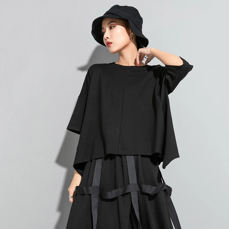 [EAM] Женская Черная футболка с молнией сзади большие размеры новая модная круглым