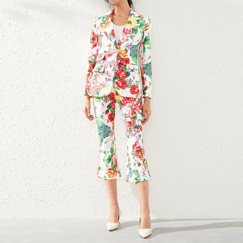 Designer Autumn New Flower Print Long Sleeve Suit Tops Slim Casual Cropped Trousers High Quality Elegant Fashion Women'S Sets
Designer Autumn New Flower Print Long Sleeve Suit Tops Slim Casual Cropped Trousers High Quality Elegant Fashion Women'S Sets