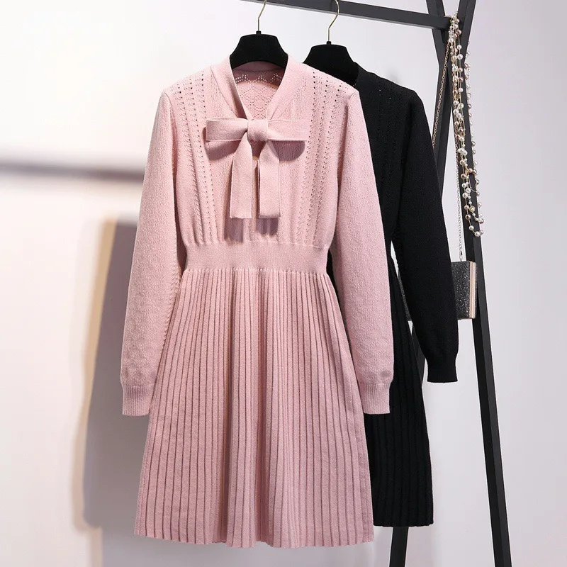 Women Pink Bow Tie Collar Sweater Dresses Plus Size Knitted Dress Pullover Pleated Dress Vestidos plus size
Women Pink Bow Tie Collar Sweater Dresses Plus Size Knitted Dress Pullover Pleated Dress Vestidos plus size
