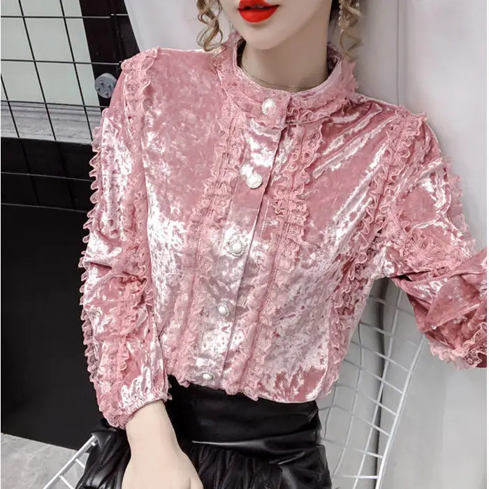 Pink blouse new autumn and winter French style high-end lace stitching stand collar puff sleeve shirt women
Pink blouse new autumn and winter French style high-end lace stitching stand collar puff sleeve shirt women