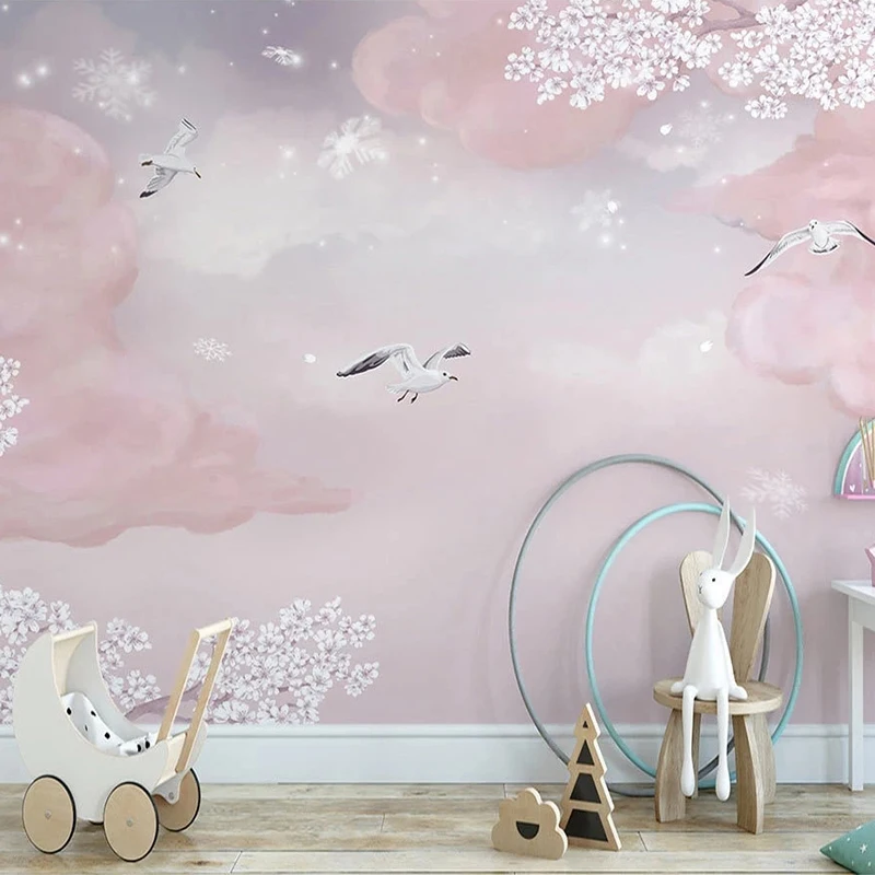 

Custom Mural Nordic Ins Hand-painted Fantasy Pink Clouds Romantic Cherry Blossom Children's Room Background Wall Papel De Parede