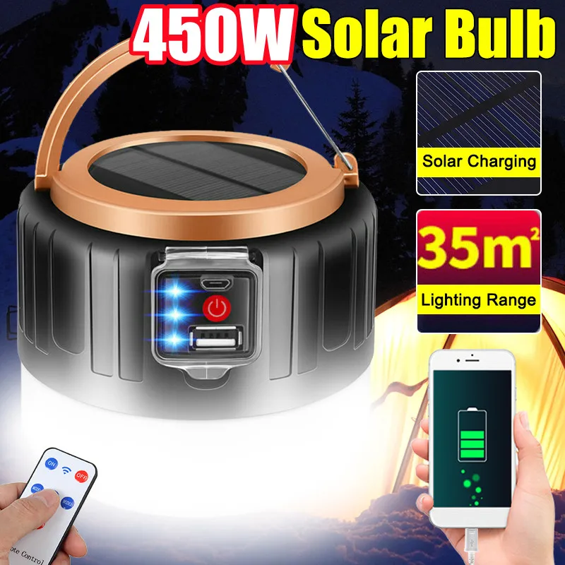 450W Newest Camping Light Solar Outdoor USB Charging 3 Mode tent Lamp Portable Lantern Night Emergency Bulb Flashlight for Camp
450W Newest Camping Light Solar Outdoor USB Charging 3 Mode tent Lamp Portable Lantern Night Emergency Bulb Flashlight for Camp