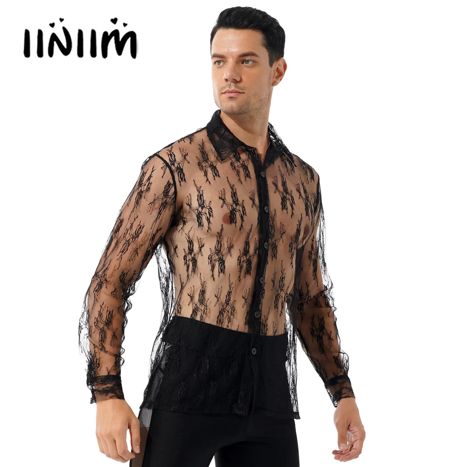 Mens Turn-down Collar Long Sleeve Button Tee Shirt Tops Fashion See-through Floral Lace Shirt Male Stage Performance Costume
Mens Turn-down Collar Long Sleeve Button Tee Shirt Tops Fashion See-through Floral Lace Shirt Male Stage Performance Costume