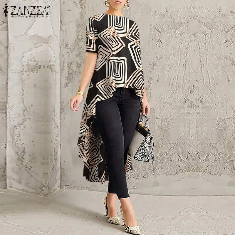 ZANZEA Casual O Neck Short Sleeve Asymmetrical Shirt Female Clothing Summer Printed Blouse Vintage Long Tops Tunic Loose Blusas 
ZANZEA Casual O Neck Short Sleeve Asymmetrical Shirt Female Clothing Summer Printed Blouse Vintage Long Tops Tunic Loose Blusas