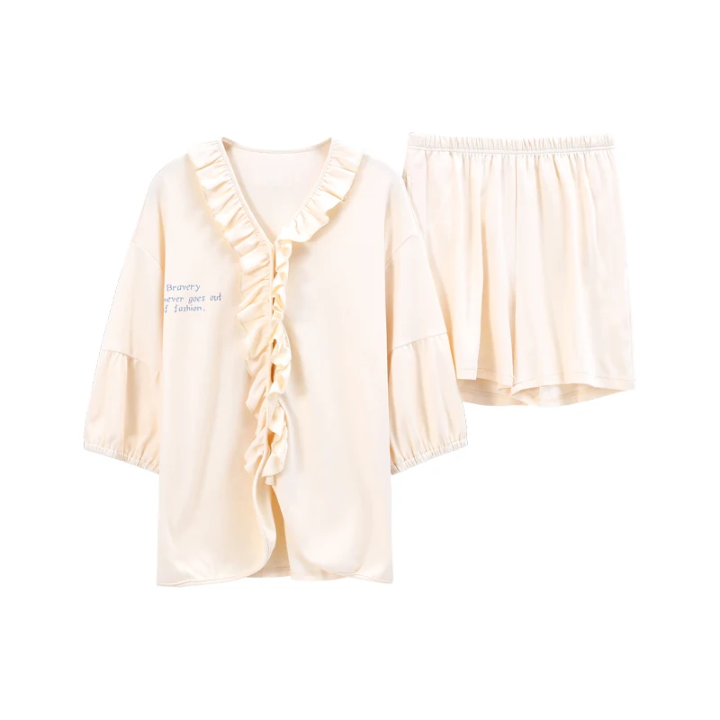 Sexy V-neck Short Sleeve Sleepwear Butterfly Nightwear Korean Summer Palace Style Elegant Beige Ruffle Cotton Women Pajamas Set
Sexy V-neck Short Sleeve Sleepwear Butterfly Nightwear Korean Summer Palace Style Elegant Beige Ruffle Cotton Women Pajamas Set