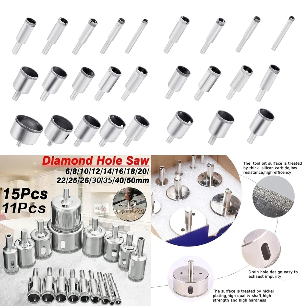11/15 Pcs Diamond Drill Bit Set Holesaw Set Lot Glass Granite 
11/15 Pcs Diamond Drill Bit Set Holesaw Set Lot Glass Granite