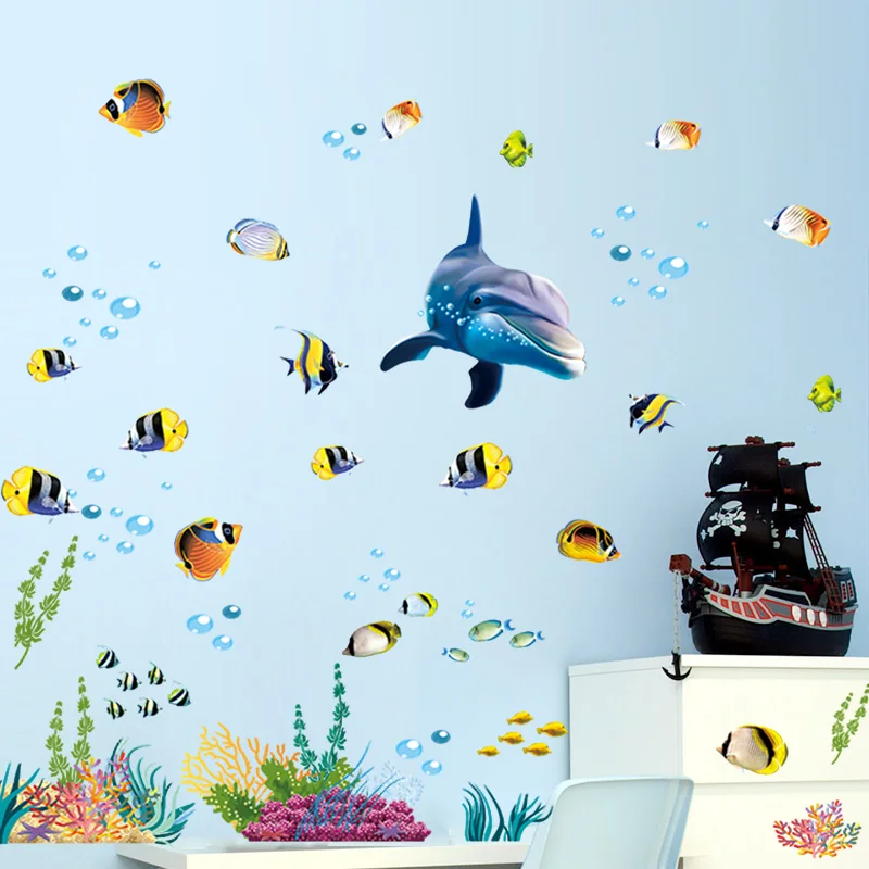 

Dolphin Fish Aquarium Ocean Wall Sticker For Kids Rooms Bathroom Kitchen Home Decor Cartoon Animals Decals Pvc Mural Art