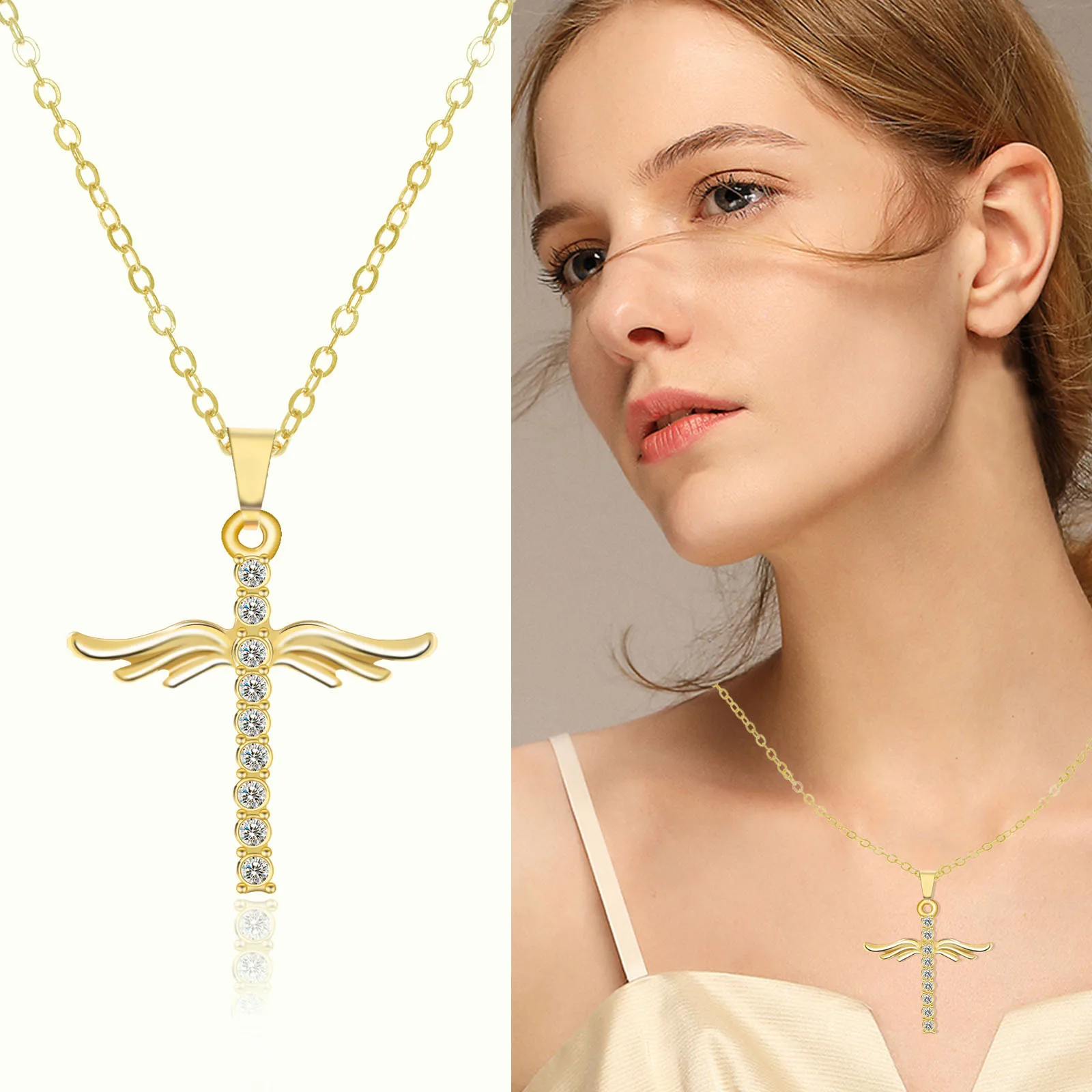 Women Necklace Hot Selling Angel Wing Pendant Necklace Fashion Simple Cross Set Rhinestone Pendant Necklace Women Gift Jewelry
Women Necklace Hot Selling Angel Wing Pendant Necklace Fashion Simple Cross Set Rhinestone Pendant Necklace Women Gift Jewelry
