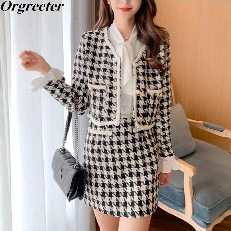 

Korean Fashion Vintage Houndstooth Woolen Coat and Skirt Two Piece Set Women Casual Pearl Button V-neck Cropped Jacket Suits