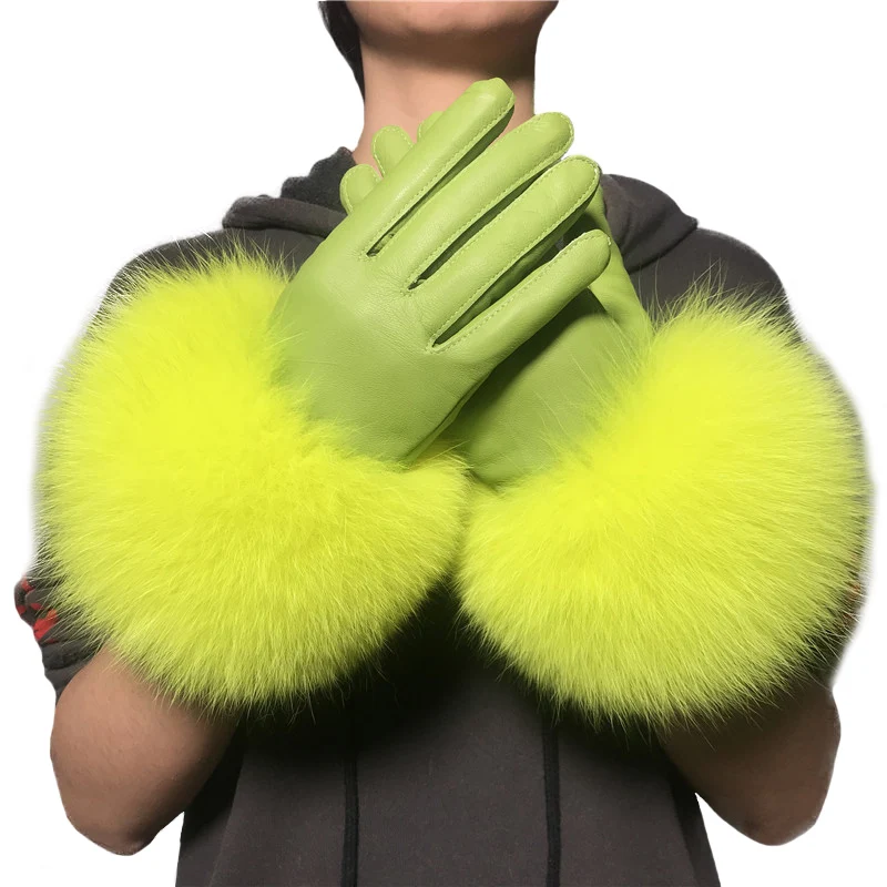 

Jaxmonoy Wholesale Fox Fur Gloves Winter Women Luxury Style Warm Sheepskin Genuine Leather Gloves Big Fox Fur Matching Color