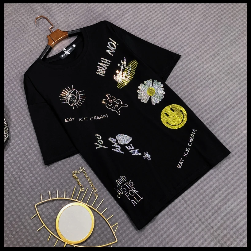 Новая женская летняя футболка Платья 2021 M-XXXL большой Размеры стразы, Пуловеры с круглым вырезом, топ с короткими рукавами и черные хлопковые ... 
Новая женская летняя футболка Платья 2021 M-XXXL большой Размеры стразы, Пуловеры с круглым вырезом, топ с короткими рукавами и черные хлопковые ...