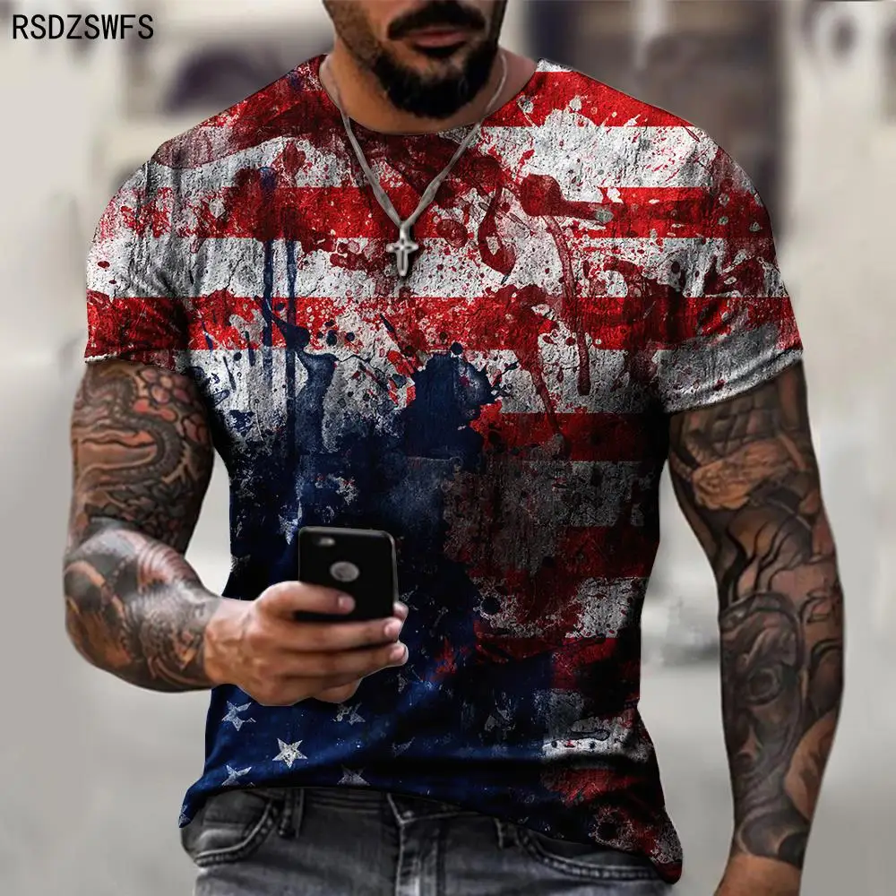 Футболка мужская оверсайз в полоску модная дышащая рубашка с принтом флага США
