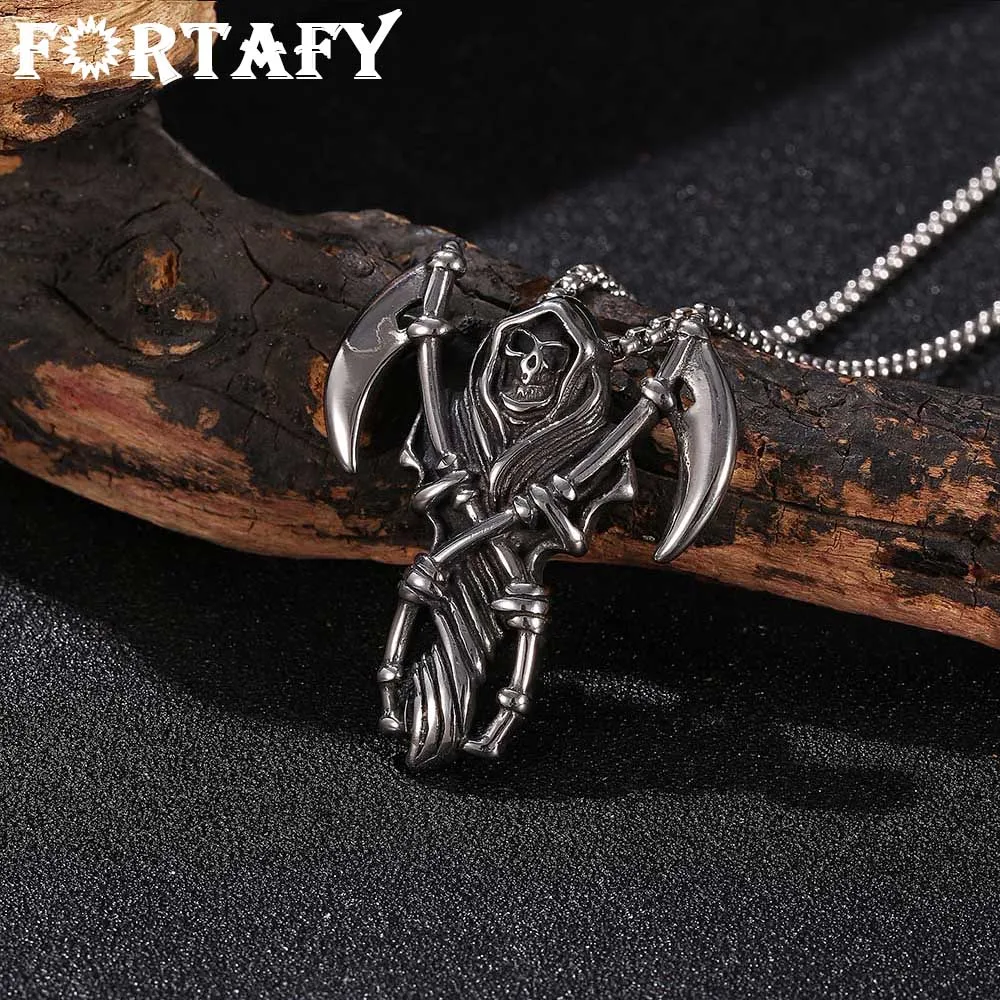 FORTAFY Stainless Steel Skeleton Death Scythe Skull Pendant Necklace Cool Accessories Neck Chain for Male Punk Jewelry FRGL0012
FORTAFY Stainless Steel Skeleton Death Scythe Skull Pendant Necklace Cool Accessories Neck Chain for Male Punk Jewelry FRGL0012
