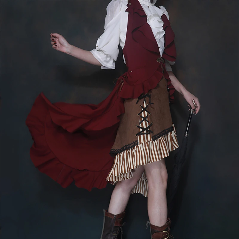 Women's Steampunk Outfit Vest Wine Red / Black Halter Ruffled Long Tailed Waistcoat
Women's Steampunk Outfit Vest Wine Red / Black Halter Ruffled Long Tailed Waistcoat